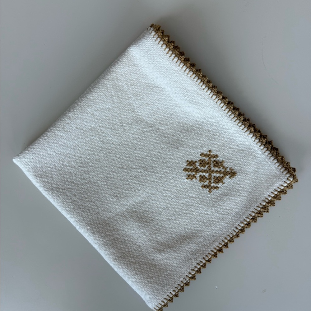 Embroidered White Linen Napkin with Gold Trim